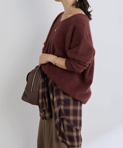 【輕盈感廓形】毛絨羊毛單面羅紋V領針織衫/預計10月上旬發貨