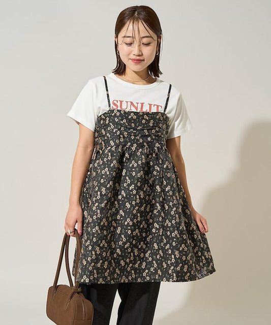 花卉提花後系蝴蝶結吊帶迷你連衣裙<可搭配套裝>