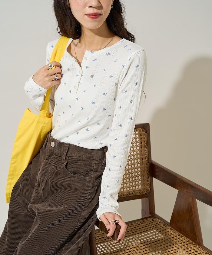 蝴蝶結圖案針織亨利領長袖T恤