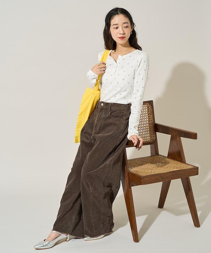 蝴蝶結圖案針織亨利領長袖T恤