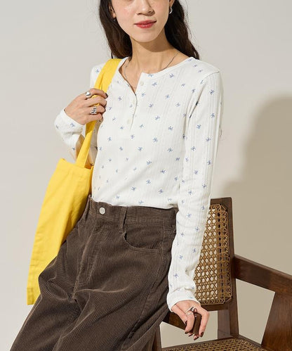 蝴蝶結圖案針織亨利領長袖T恤