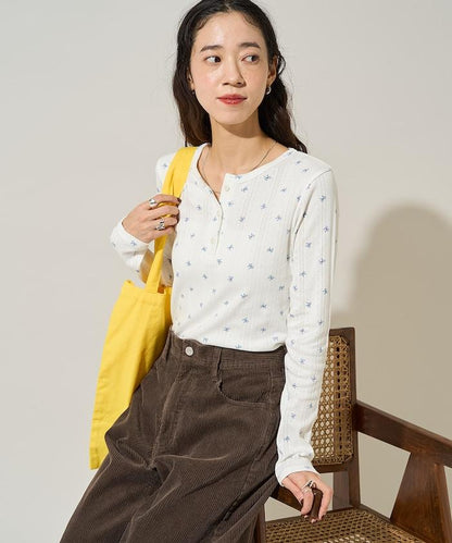 蝴蝶結圖案針織亨利領長袖T恤