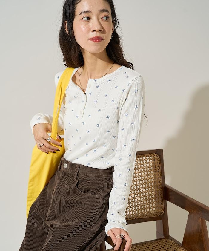 蝴蝶結圖案針織亨利領長袖T恤