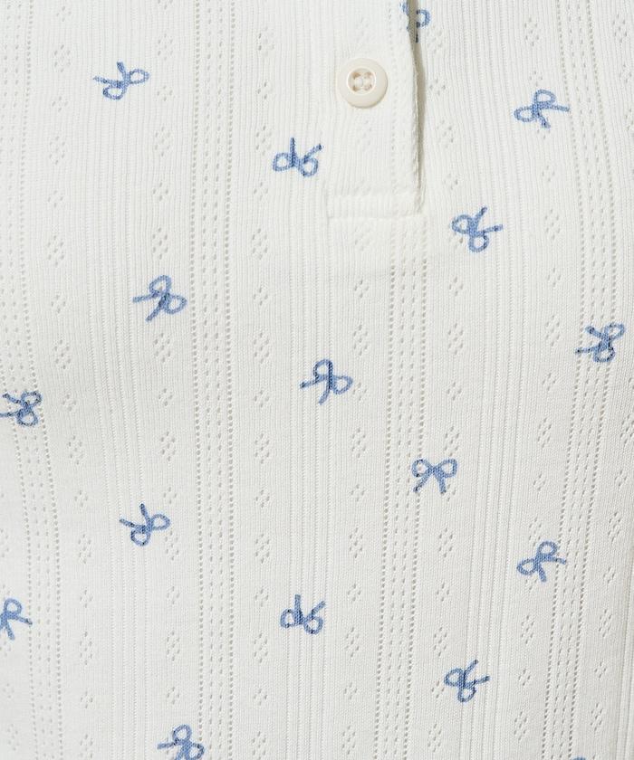 蝴蝶結圖案針織亨利領長袖T恤