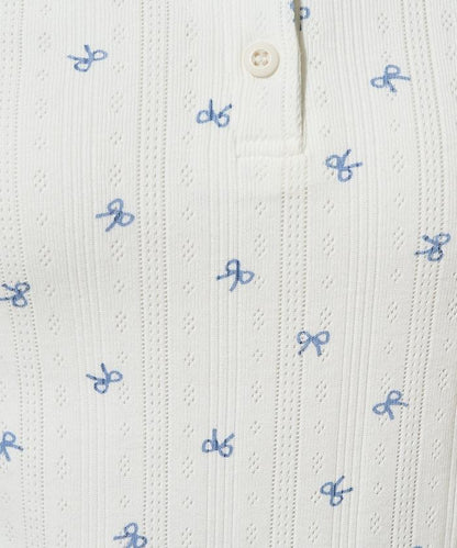 蝴蝶結圖案針織亨利領長袖T恤