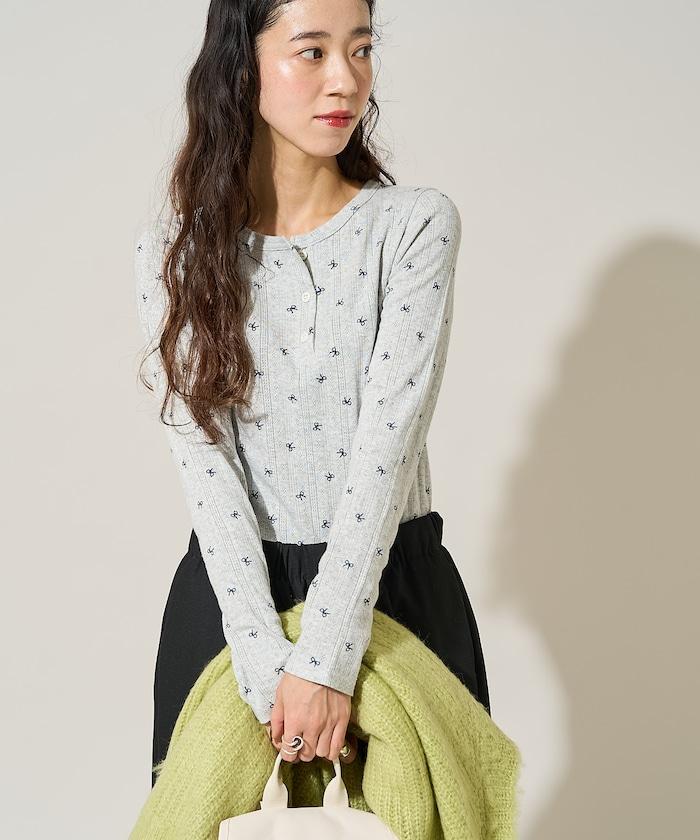 蝴蝶結圖案針織亨利領長袖T恤