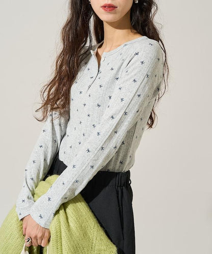 蝴蝶結圖案針織亨利領長袖T恤