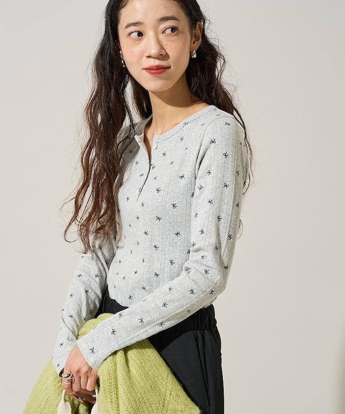 蝴蝶結圖案針織亨利領長袖T恤