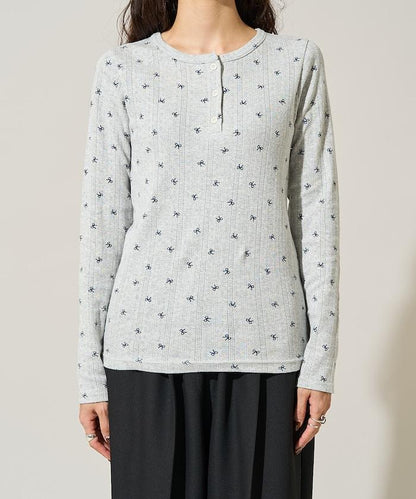 蝴蝶結圖案針織亨利領長袖T恤