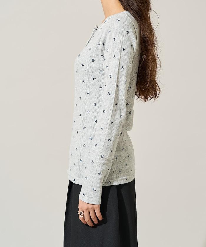 蝴蝶結圖案針織亨利領長袖T恤