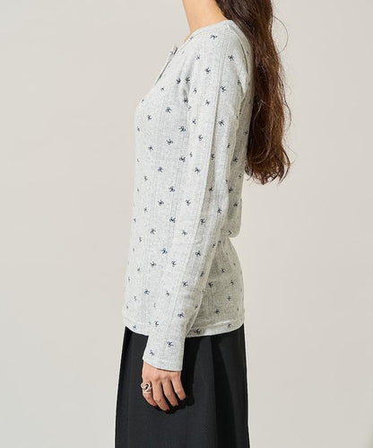 蝴蝶結圖案針織亨利領長袖T恤