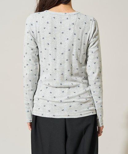 蝴蝶結圖案針織亨利領長袖T恤