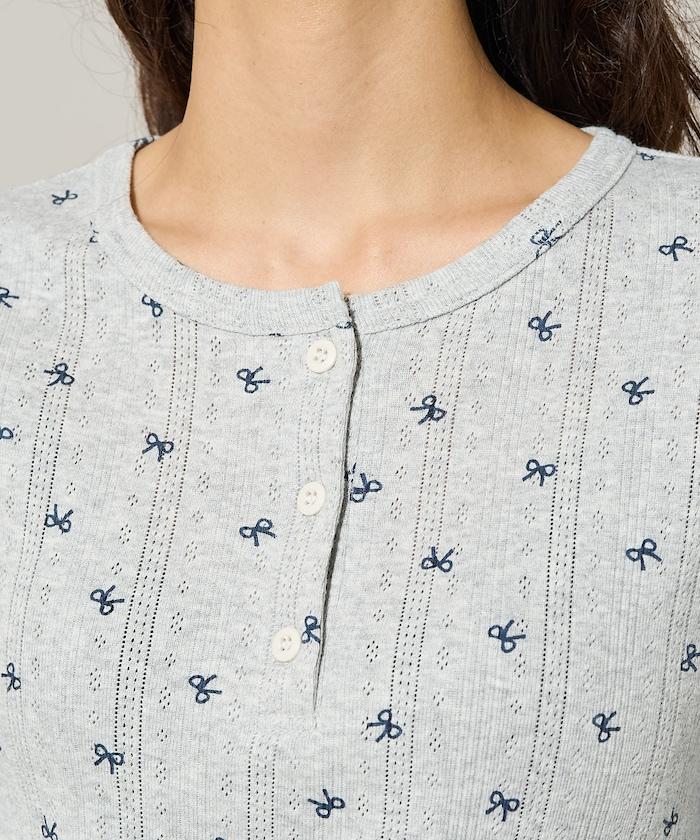 蝴蝶結圖案針織亨利領長袖T恤