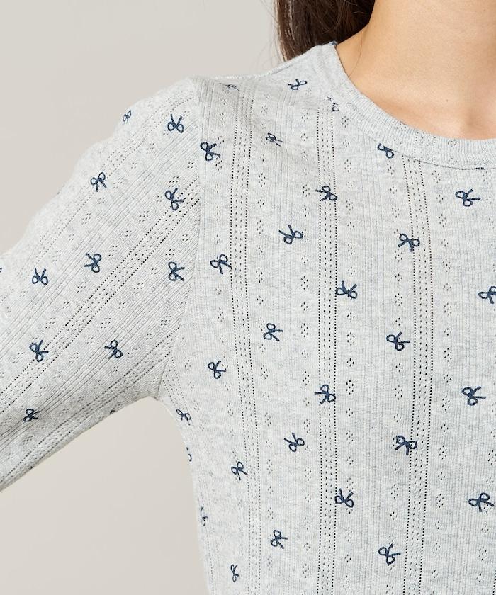 蝴蝶結圖案針織亨利領長袖T恤