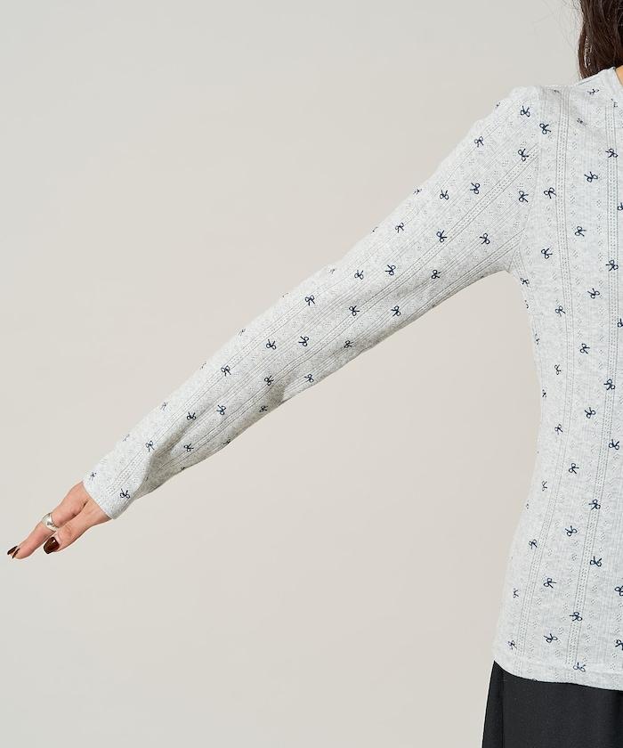 蝴蝶結圖案針織亨利領長袖T恤