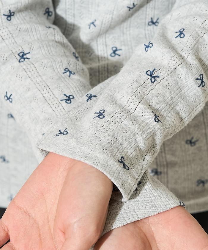 蝴蝶結圖案針織亨利領長袖T恤