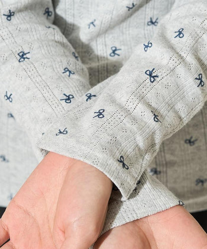 蝴蝶結圖案針織亨利領長袖T恤