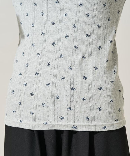 蝴蝶結圖案針織亨利領長袖T恤