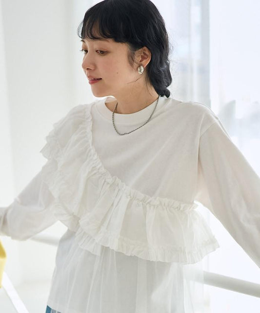 荷葉邊網紗拼接長袖T恤