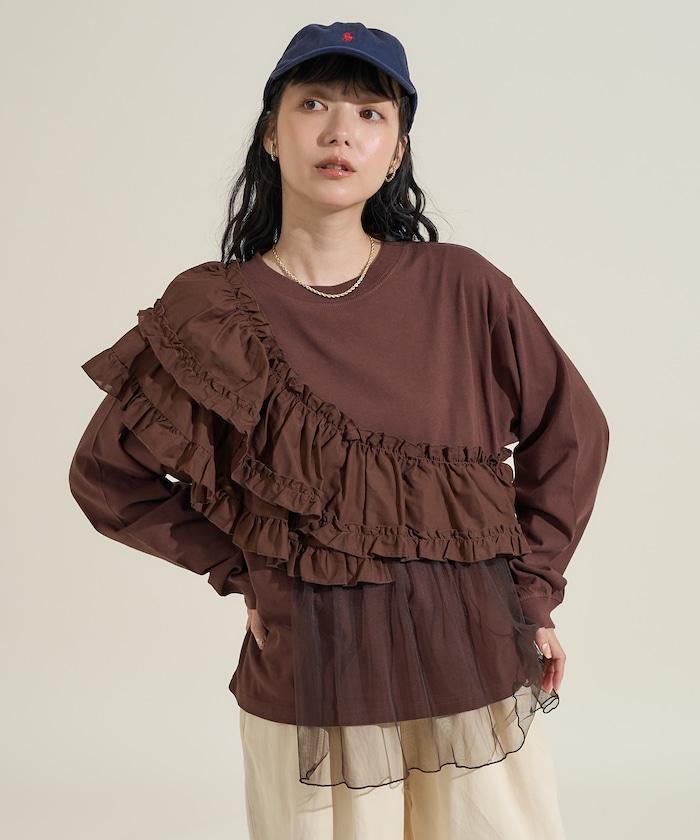 荷葉邊網紗拼接長袖T恤