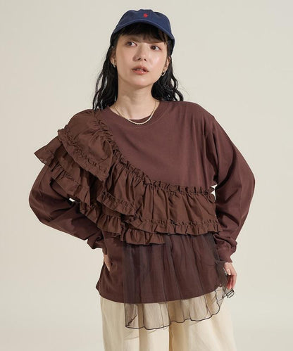 荷葉邊網紗拼接長袖T恤