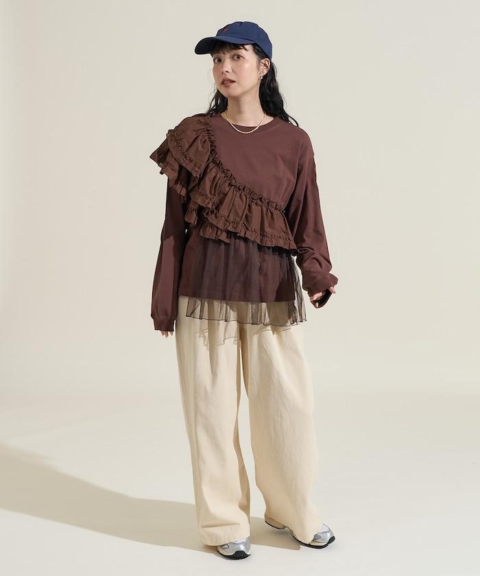 荷葉邊網紗拼接長袖T恤