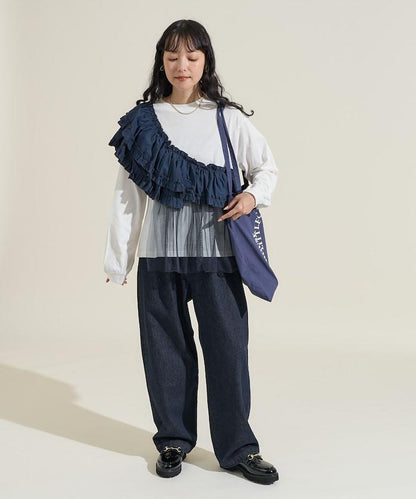 荷葉邊網紗拼接長袖T恤