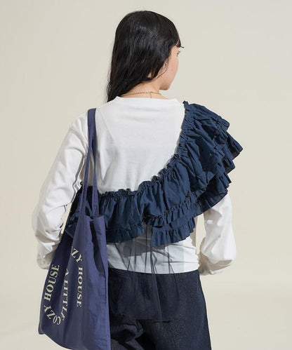 荷葉邊網紗拼接長袖T恤