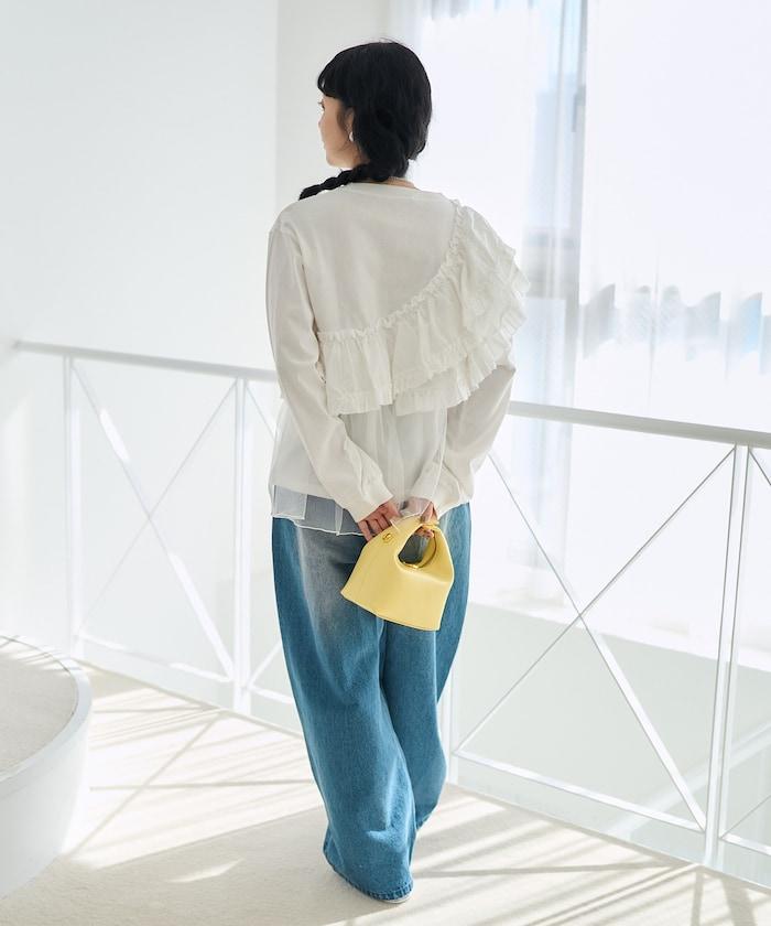 荷葉邊網紗拼接長袖T恤