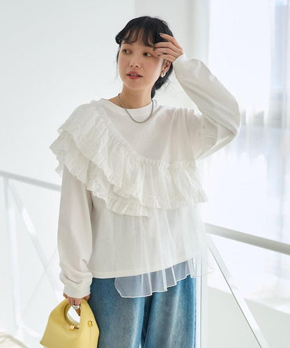 荷葉邊網紗拼接長袖T恤