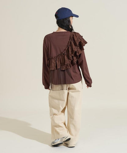 荷葉邊網紗拼接長袖T恤