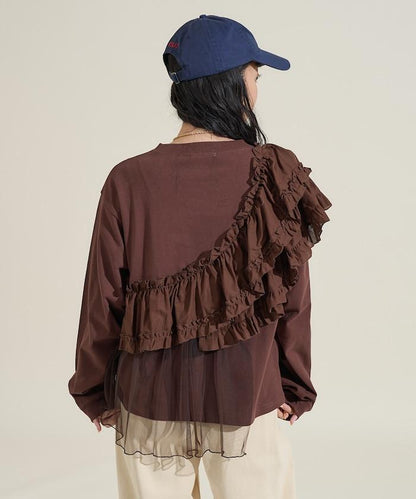 荷葉邊網紗拼接長袖T恤