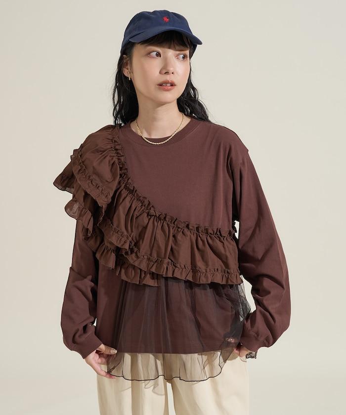 荷葉邊網紗拼接長袖T恤