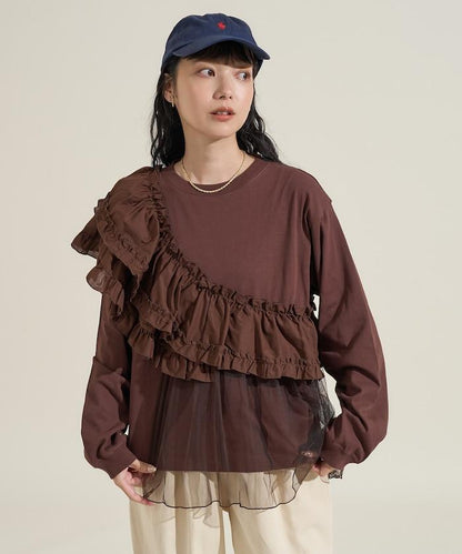 荷葉邊網紗拼接長袖T恤