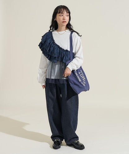 荷葉邊網紗拼接長袖T恤