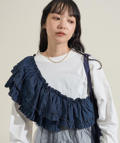 荷葉邊網紗拼接長袖T恤