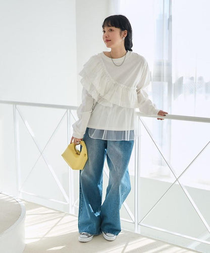 荷葉邊網紗拼接長袖T恤