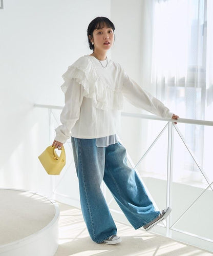 荷葉邊網紗拼接長袖T恤