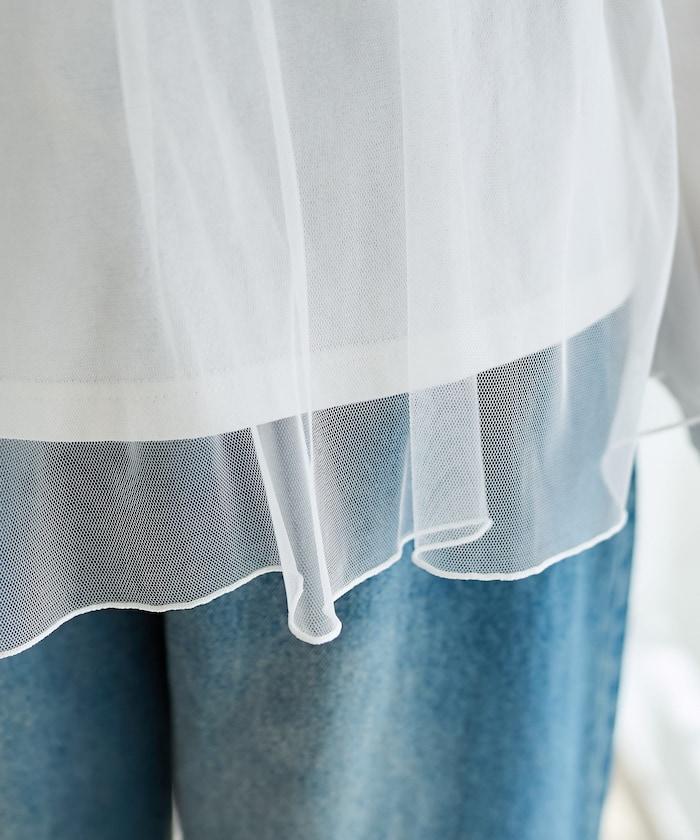 荷葉邊網紗拼接長袖T恤