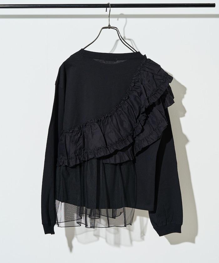 荷葉邊網紗拼接長袖T恤