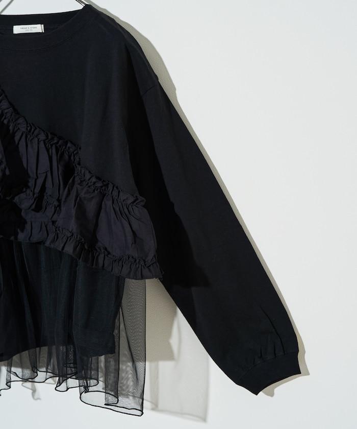 荷葉邊網紗拼接長袖T恤