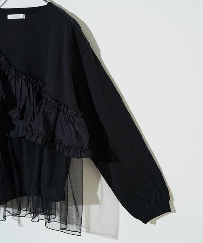 荷葉邊網紗拼接長袖T恤