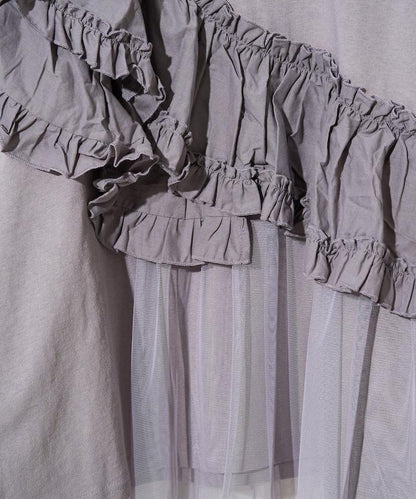 荷葉邊網紗拼接長袖T恤