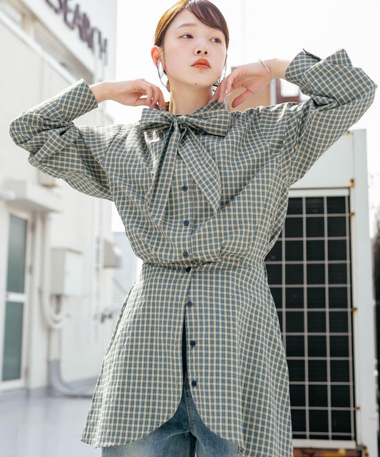 收腰格紋襯衫