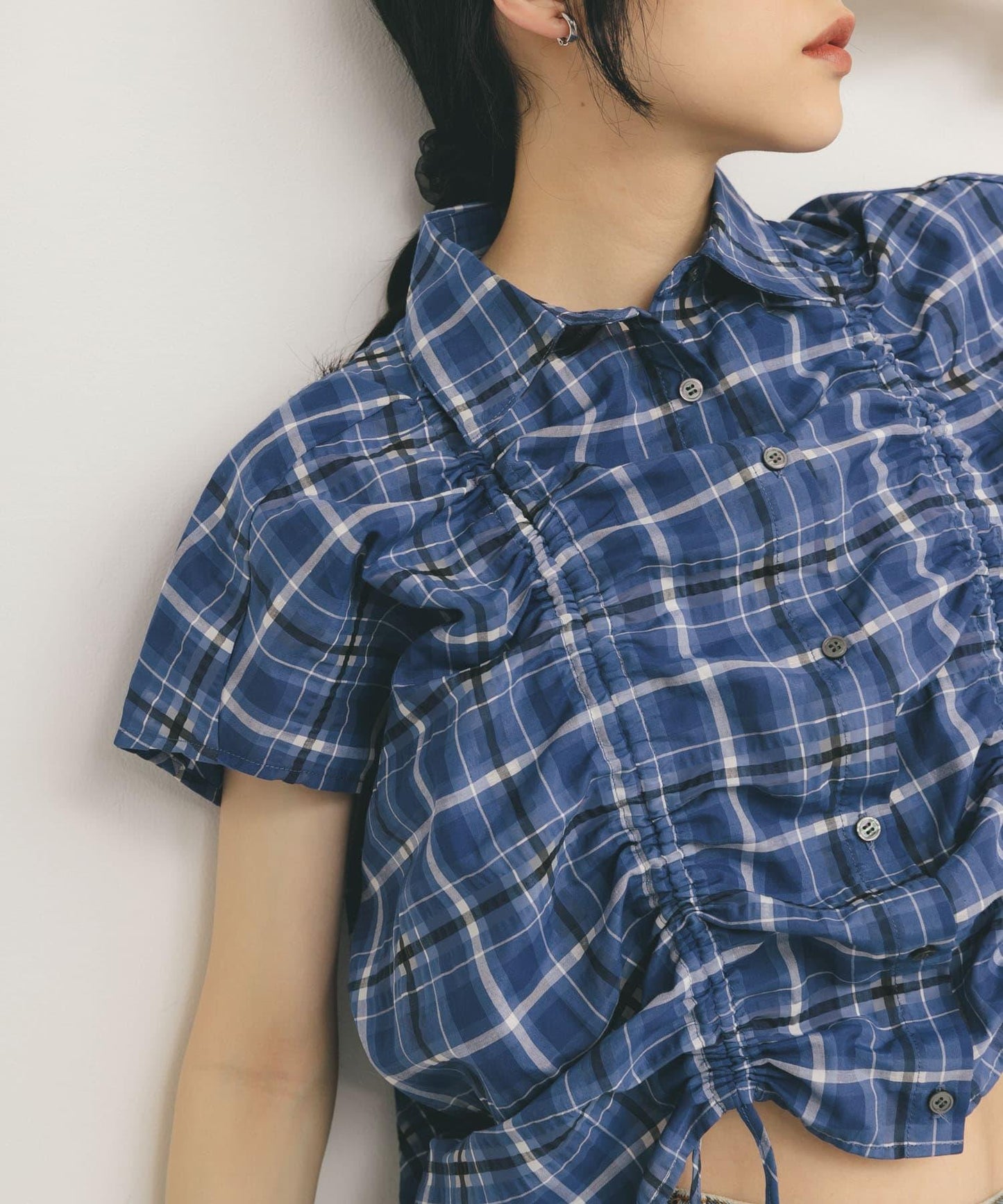 抽繩透視格紋襯衫