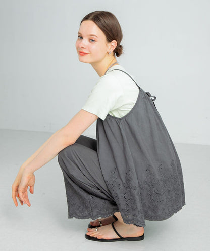 刺繡棉吊帶上衣×褲子套裝