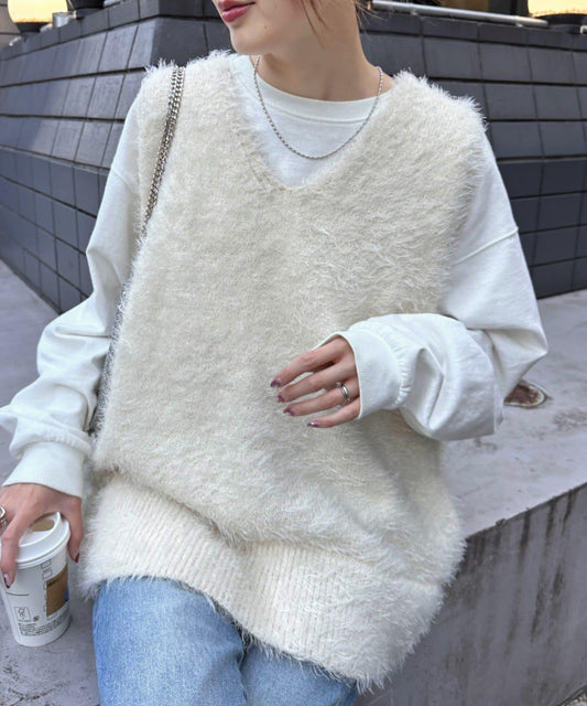 混紡羽毛紗寬鬆針織背心