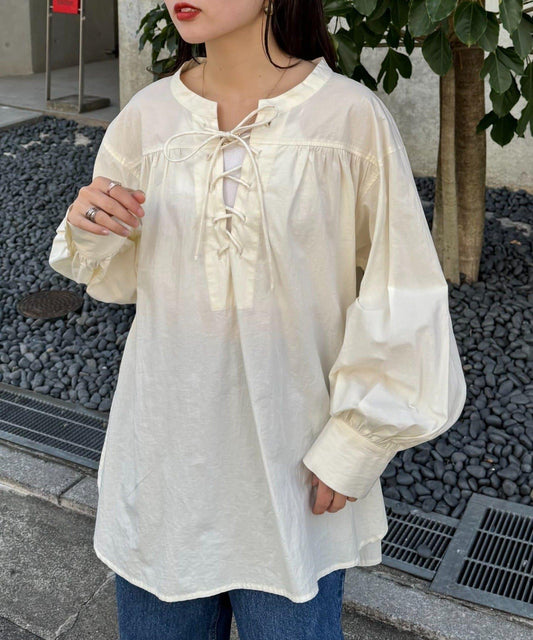 W繫帶收腰長款褶皺襯衫