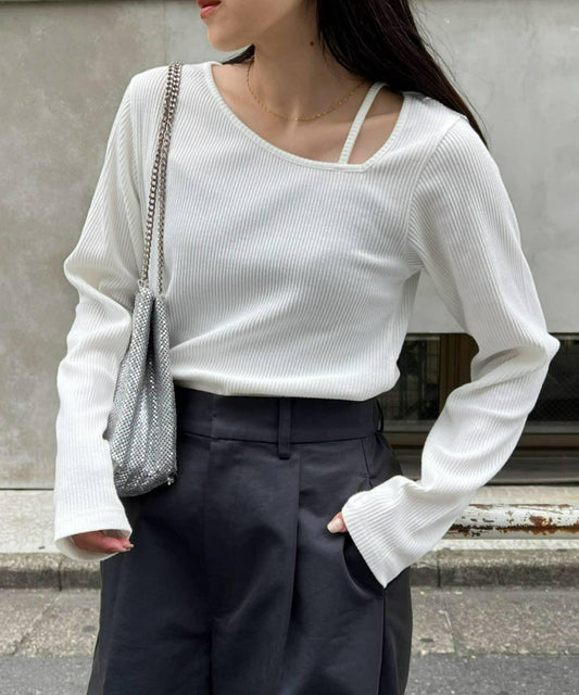 W不對稱領口羅紋長袖T恤