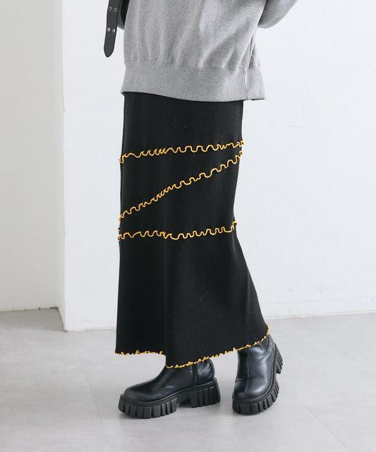 【w closet】拼色荷葉邊針織半身裙